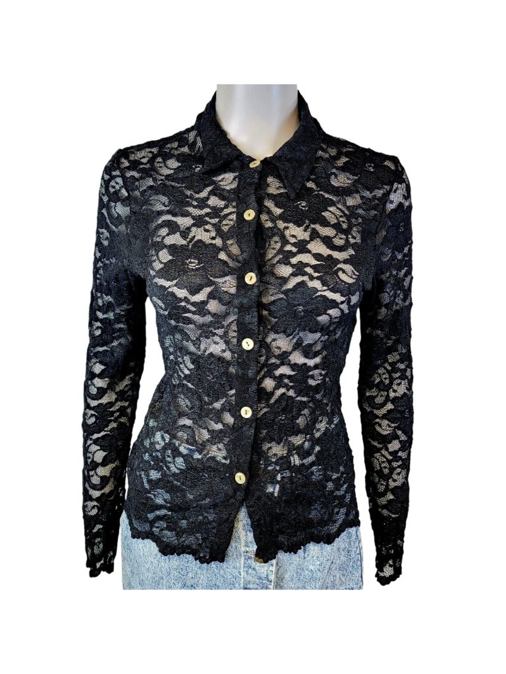 Vintage 90s Apostrophe Black Floral Mesh Shirt Women Small 4 6 Blouse Button Top